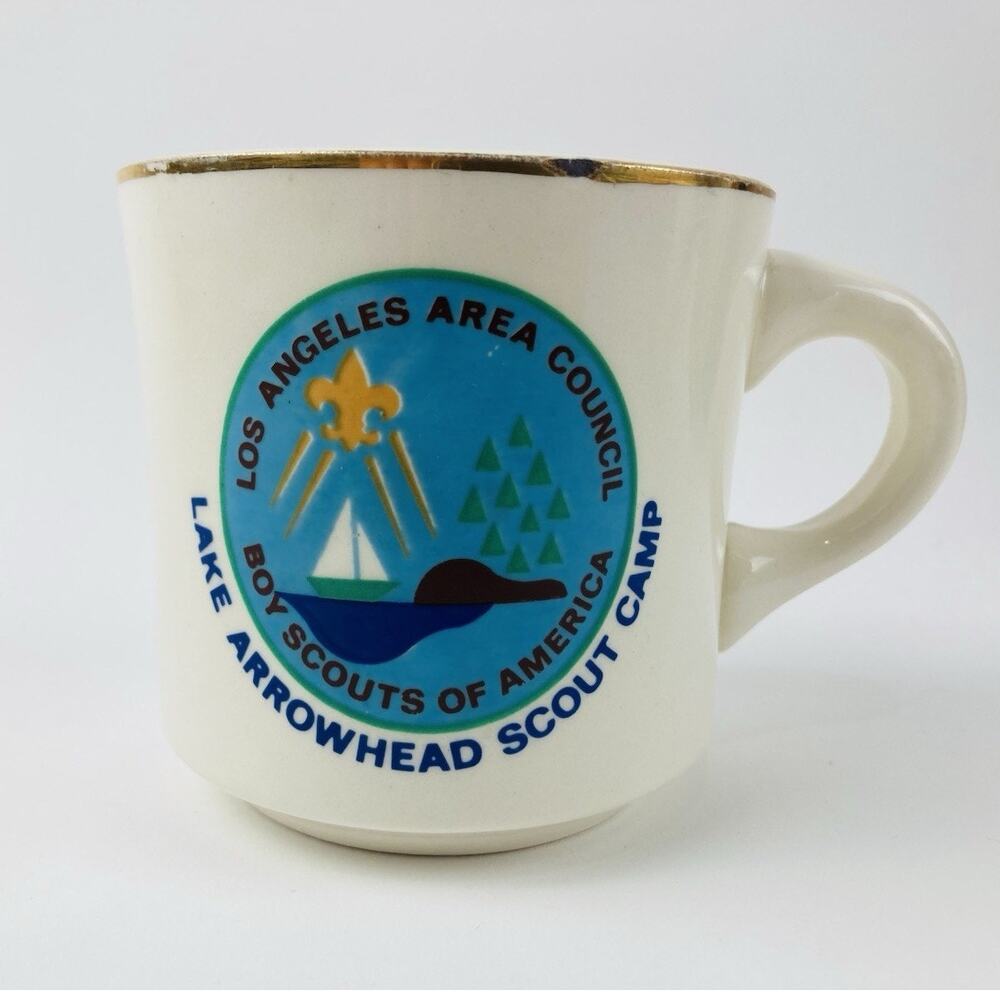BSA Coffee Mug Scout Camp Lake Arrowhead Gold Rimmed Vintage Los Angeles Council